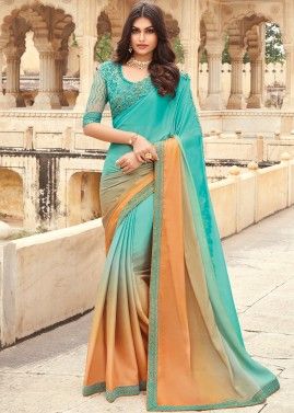 Turquoise and Orange Shaded Saree With Heavy Blouse