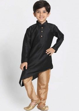 Readymade Asymmetric Kurta Pajama For Kids In Black