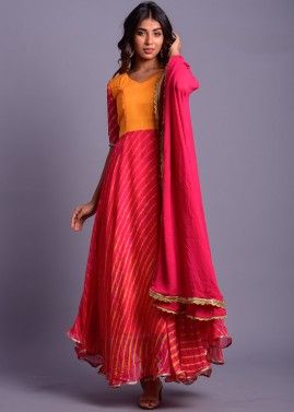 Pink Leheria Printed Readymade Anarkali Suit