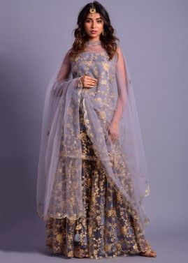 Grey Embroidered Readymade Gharara Suit