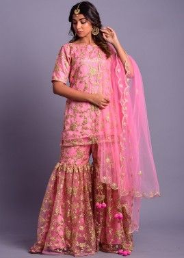 Pink Readymade Embroidered Gharara Suit