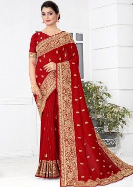 Zari Embroidered Red Silk Saree With Blouse