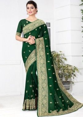 Green Silk Saree With Stone & Zari Embroidery