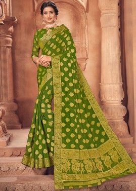 Embroidered Heavy Green Saree With Silk Blouse