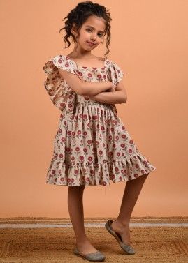 Readymade Beige Kids Dress In Floral Print