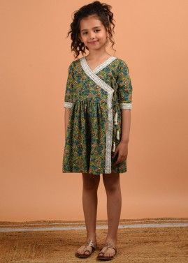 Green Readymade Angrakha Style Printed Kids Dress