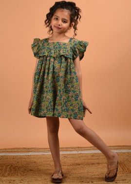 Readymade Green Floral Printed Kids Dress