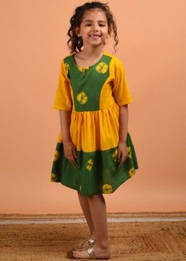 Readymade Yellow & Green Printed Dress For Kids