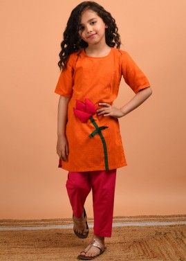 Orange Readymade Pant Salwar Kameez For Kids