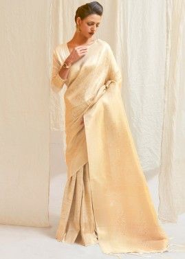 Cream Art Silk Woven Saree With Blouse