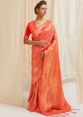 Orange Zari Woven Art Silk Saree
