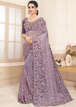 Purple Resham Embroidered Heavy Saree In Net