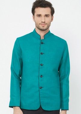 Green Linen Readymade Bandhgala Jodhpuri Jacket