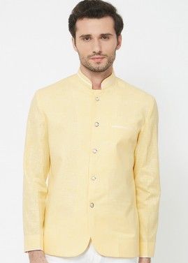Readymade Linen Bandhgala Jodhpuri Jacket In Yellow