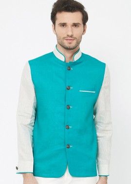 Blue and White Readymade Bandhgala Jodhpuri Jacket