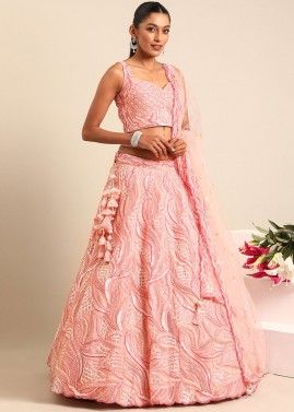 Pink Sequins Embellished Net Lehenga Choli & Dupatta