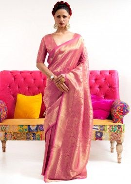 Pink Art Silk Woven Saree With Blouse