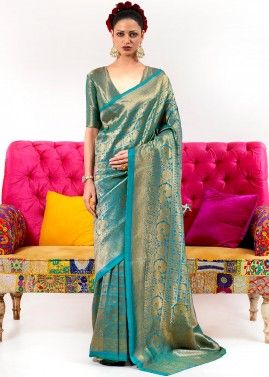 Turquoise Art Silk Woven Saree With Blouse