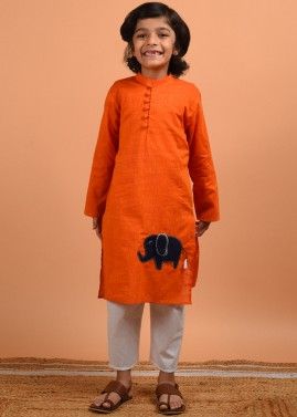 Orange Readymade Kids Cotton Kurta Pajama