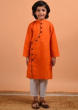 Readymade Orange Plain Cotton Kurta Pyjama