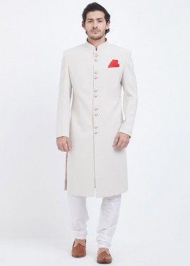 Readymade Art Silk Achkan Sherwani In White