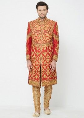 Red Groom Embroidered Sherwani With Breeches
