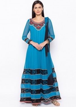 Blue Embroidered Readymade Anarkali Suit