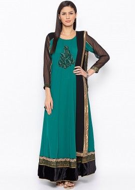 Readymade Green Embroidered Suit With Dupatta
