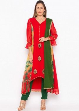 Red Readymade Tie-Dye Printed Pant Salwar Suit