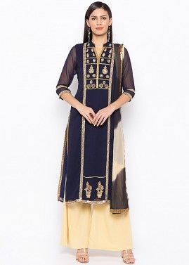Navy Blue Embroidered Readymade Palazzo Suit