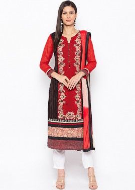 Red Black Embroidered Readymade Pant Salwar Suit