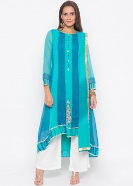 Turquoise Embroidered Readymade Pant Salwar Suit