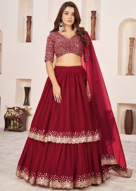 Red Georgette Lehenga Choli In Sequins Embroidery