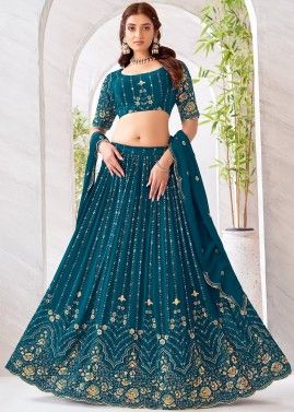 Teal Blue Readymade Embroidered Lehenga Choli In Georgette
