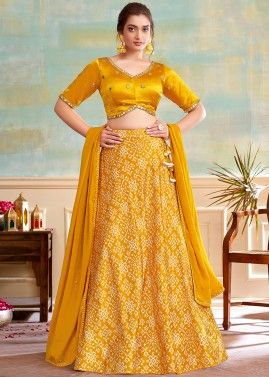Yellow Readymade Printed Lehenga Choli In Art Silk