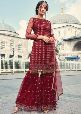 Maroon Net Embroidered Pakistani Gharara Suit