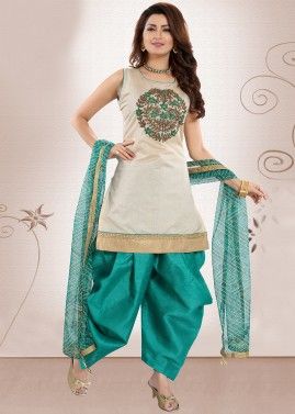 Off White  Embroidered Chanderi Readymade Punjabi Suit