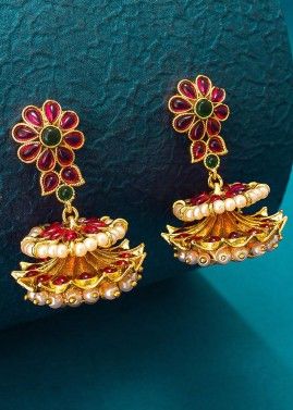 Stone Studded Golden and Magenta Earrings