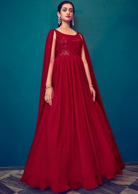 Red Embroidered Gown With Cape Style Sleeves