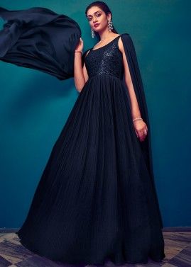 Navy Blue Embroidered Cape Style Flared Gown