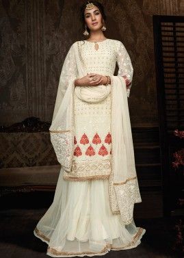 Sonal Chauhan Cream Embroidered Palazzo Suit With Dupatta