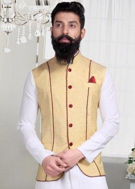 Light Yellow Linen Readymade Nehru Jacket