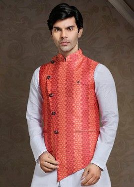 Art Silk Printed Asymmetric Nehru Jacket In Red