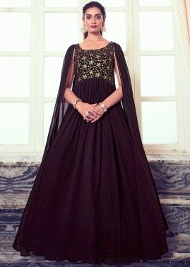 Wine Embroidered Cape Sleeved Pleated Gown
