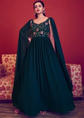 Teal Blue Embroidered Cape Sleeved Georgette Gown