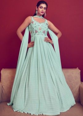 Green Readymade Embroidered Gown & Dupatta