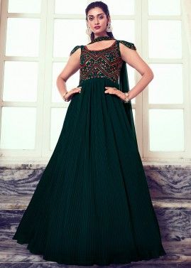 Teal Green Embroidered Flared Gown & Dupatta