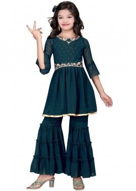 Green Kids Readymade Sharara Style Salwar Suit