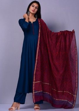 Blue Readymade Palazzo Suit With Printed Dupatta