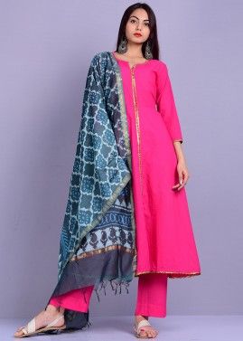 Readymade Pink Front Slit Palazzo Suit With Printed Dupatta